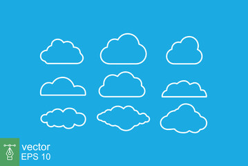 Set of vector cloud icon. Simple outline style. Abstract, decoration element, set of sky symbol, nature concept. Thin line vector illustration isolated on blue background. EPS 10.