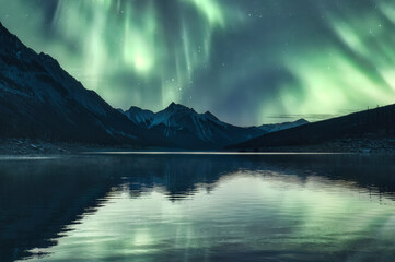 Scenery of Aurora borealis over Rocky Mountains in Medicine Lake at Jasper national park