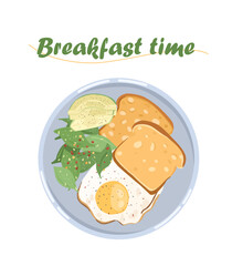 Breakfast illustration. Fried egg with avocado and green salad. Dish illustration for menu design, instagram, advertising, poster