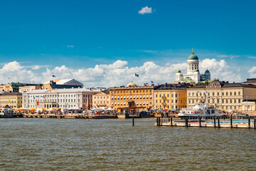 Helsinki, Finland, panorama of the Market Square Kauppatori in the port of Helsinki. View from sea. - obrazy, fototapety, plakaty