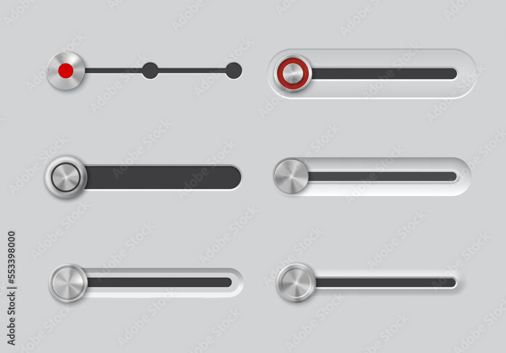 Poster UI slider bar buttons. Music player volume, audio play stainless steel toggle, power control switch silver plastic or aluminum panel. Software user interface, mobile app realistic vector push sliders