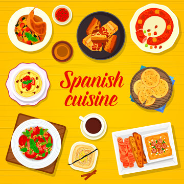Spanish cuisine menu cover page template. Honey biscuits Tortas de Aceite, King cake and stew Pisto Manchego, dessert Frangollo and Natillas, tomato asparagus salad, soup Salmorejo and Chicharrones