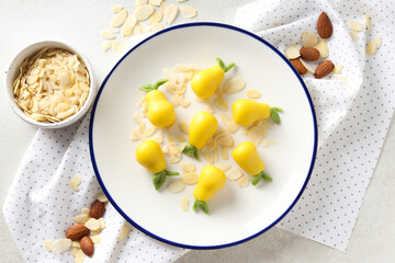 Concept of tasty sweet food, marzipan, top view