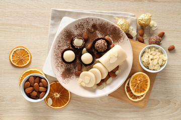 Concept of tasty sweet food, marzipan, top view