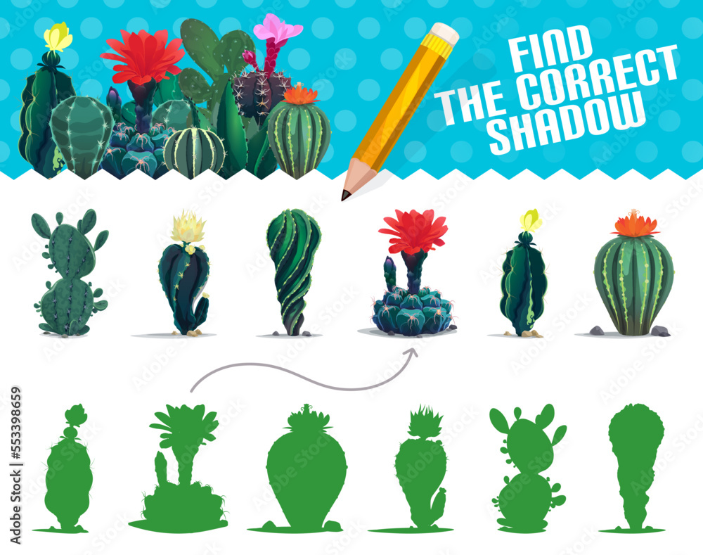 Poster find a correct shadow of cactus succulent. maze game worksheet. kids vector matching riddle for chil