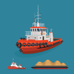 Tugboat ship vessel transportation fishing ocean transport nautical tug port shipping marine harbor dock cargo vector illustration - obrazy, fototapety, plakaty