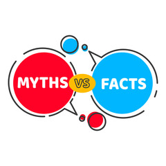 Myths vs facts icon. Truth and false, true versus lie thin line speech bubbles. Vector badge of myth busting or fact checking, red and blue word balloons of true and false quiz, reality vs fiction - obrazy, fototapety, plakaty