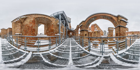winter full hdri 360 panorama inside brick walls of old abandoned medieval castle in snow in equirectangular seamless spherical projection ready for virtual reality VR AR