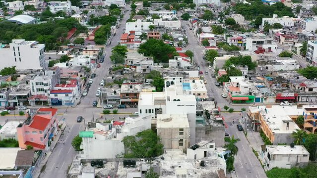 symmetrical aerial skyline view of Playa del Carmen town in Mexico during day