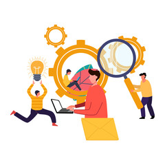 flat design illustrations,  find solutions,  team work to solve problems, find idea