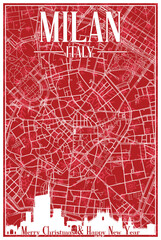 Red vintage hand-drawn Christmas postcard of the downtown MILAN, ITALY with highlighted city skyline and lettering