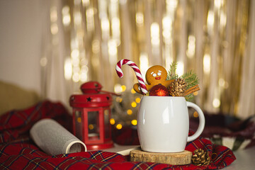 Christmas mood. Decorations for the New Year and Christmas. New Year cozy decor. The winter holidays. Christmas layout.