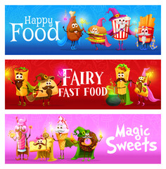 Cartoon funny fast food mage and wizard characters. Vector cards with chicken drumstick, burger, pop corn and french fries. Enchilada, tacos, burrito and pizza. Cocktail, cake, ice cream and donut
