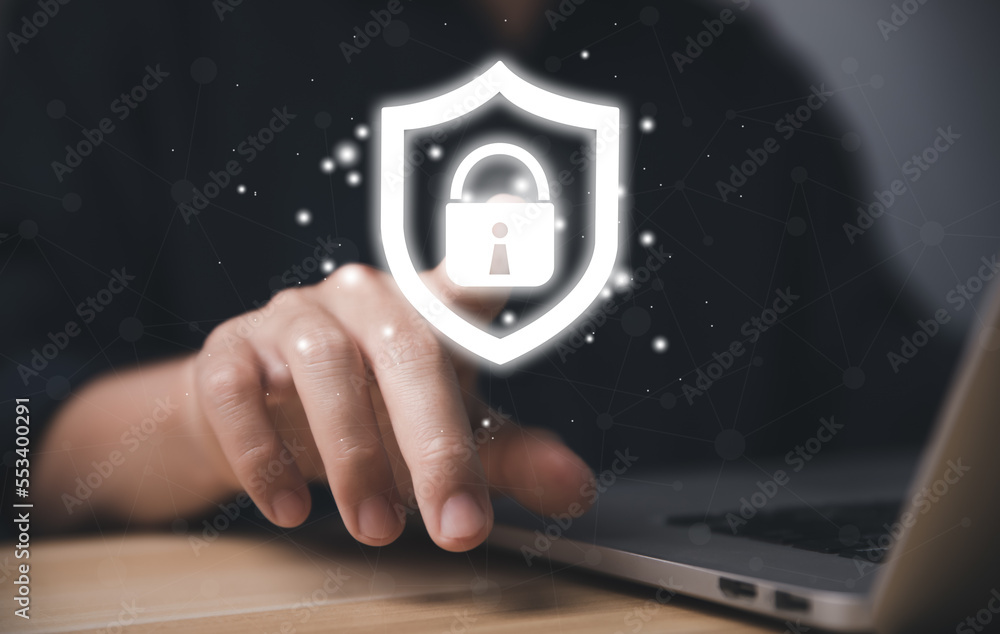 Poster businessman hand show shield icon with lock sign. computer data password protection concept.