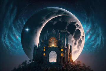 epic castle scenery with full moon in majestic night sky. Digital artwork