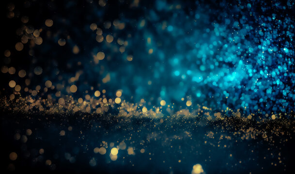 Decorative artistic background.  abstract background with Dark blue and gold particle. Christmas Golden light shine particles bokeh on navy blue background. Gold foil texture. Holiday concept.	