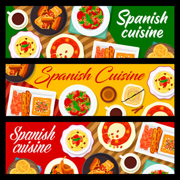 Spanish cuisine menu banners. Biscuits Tortas de Aceite, tomato asparagus salad and king cake, soup Salmorejo, Pisto Manchego and pork belly Chicharrones, corn almond dessert Frangollo and Natillas