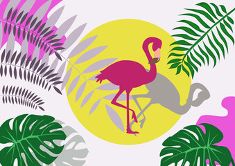 Background with the image of a flamingo, tropical plants. Vector image for decorating postcards, wrapping paper, advertising, postcards.