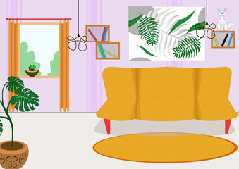 Casual living room interior. Comfortable sofa, rug, bookshelves, lamps. Vector illustration. Flat.