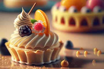 Portion of luscious sweet chocolate cake. Close up of delicious fresh dessert decorated with fresh fruit. Beautiful decoration, restaurant dish, ready to eat.