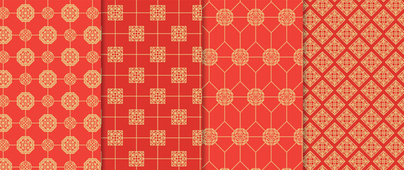 Set of Chinese patterns background vector. Abstract geometric shape, grid vector patterns and swatches. Luxury oriental wallpaper design for fabric, wallpaper, banners, prints and wall arts.