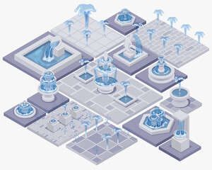Isometric fountain set with outdoor park cascades isolated vector illustration EPS10. Vintage and modern architecture decor with splashing drops.