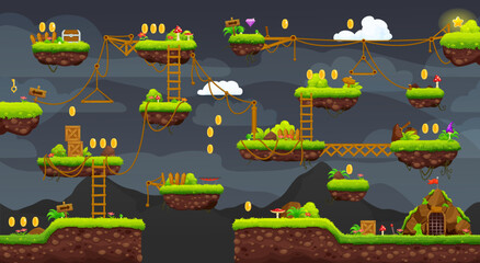 2d arcade game night level map interface. Platform, stairs, coins, bonus and wooden sign icons. Retro arcade background, computer videogame vector screen, 8bit gaming app layer with jumping platforms © Vector Tradition