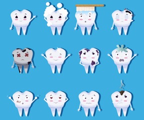 Cute tooth characters set in cartoon style. Teeth with different emotions set for label design. Vector illustration EPS10