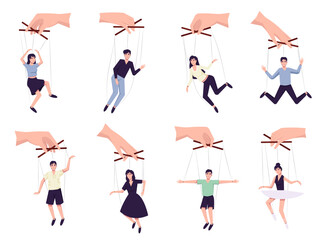 Set of people hang on ropes. Puppeteer and puppets. Characters being controlled by master, domination or authority Linear flat vector illustration