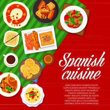 Spanish cuisine menu cover page design. Corn almond dessert Frangollo, stew Pisto Manchego and biscuit Tortas de Aceite, custard dessert Natillas, soup Salmorejo and pork belly Chicharrones, king cake