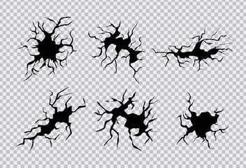 Cracks in ground. Cracks, splits and holes in ground. Vector realistic set of fissure in ground, crevices from disaster or drought, black fractures