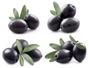 Collection of delicious black olives with leaves, isolated on white background