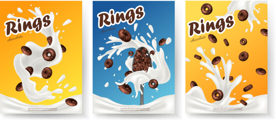 Breakfast cereal realistic poster set with rings isolated. Concept of healthy breakfast. 3d ring cereals or cheerios ad template.