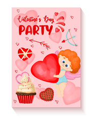 Vertical banner with angels and hearts on a pink background. Valentine's Day party invitation. Cupid helper