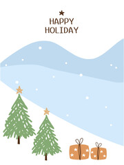New year or Christmas card with winter scene, blue hills, pine tree, snow fall and gift box vector illustration.