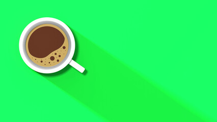 Obraz na płótnie Canvas a white cup of coffee on green background. long shadow from cup. invigorating drink. horizontal image. Banner for insertion into site. 3D image. 3D rendering.