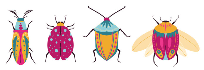 Set of hand drawn bugs. Bug species and exotic beetles icons collection. Funny insects