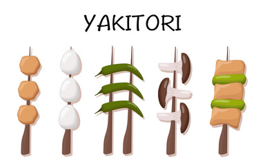 Set of yakitori - meat balls, eggs, green pepper, onion, mushrooms