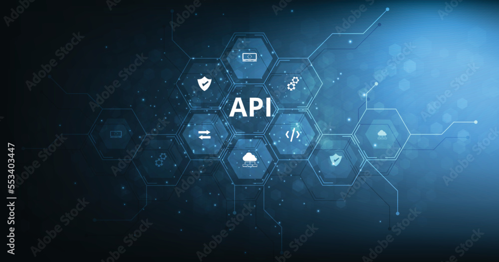 Poster Application Programming Interface (API) concept. Software development tool, information technology, modern technology, internet and networking concept on dark blue background.