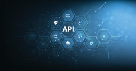 Application Programming Interface (API) concept. Software development tool, information technology, modern technology, internet and networking concept on dark blue background.