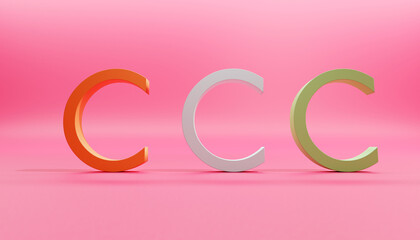 Pink studio background with three dimensional letter C in three colors.