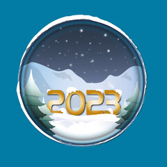  2023 doré dans la neige décor de montagnes sous la neige la nuit