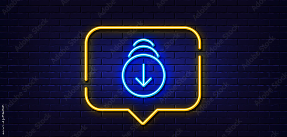 Poster neon light speech bubble. scroll down arrow line icon. scrolling screen sign. swipe page. neon light
