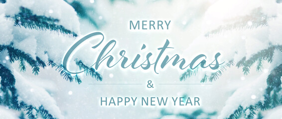 Christmas and New Years holiday background. Christmas and New Year Typographical. Abstract Christmas banner or greeting card background with snow tree