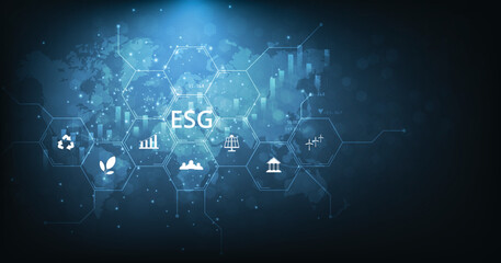 Environmental Social and Governance (ESG) concept.The company development of a nature conservation strategy and Solving environmental, social and management problems with figure icons.