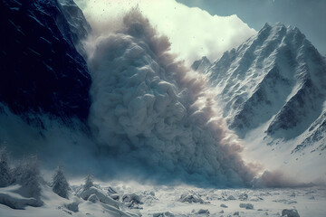 Massive avalanche and blizzard. Snow Mountain. Wall of Snow. Snow covered landscape, high altitude landscape, avalanche risk, melting glaciers. Arctic winter snowy landscape.