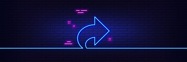 Neon light glow effect. Share arrow line icon. Link Arrowhead symbol. Communication sign. 3d line neon glow icon. Brick wall banner. Share outline. Vector