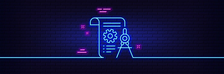 Neon light glow effect. Divider document line icon. Engineering cogwheel tool sign. Cog gear symbol. 3d line neon glow icon. Brick wall banner. Divider document outline. Vector