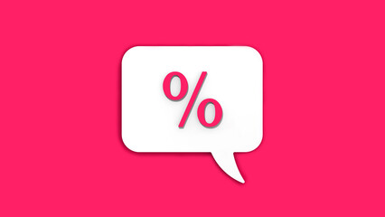 Pink percent sign on white message board. Interest withdrawal signal. Discount notifications. Message on a Pink background. Horizontal image. Banner for insertion into site. 3D image. 3D rendering.