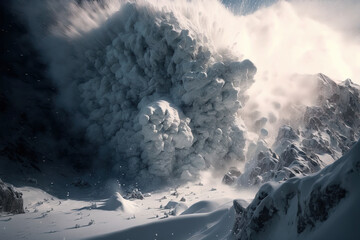 Fototapeta na wymiar Massive avalanche and blizzard. Snow Mountain. Wall of Snow. Snow covered landscape, high altitude landscape, avalanche risk, melting glaciers. Arctic winter snowy landscape.